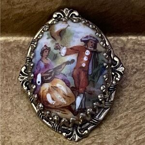 Vintage Gold Brooch with Painted Scene